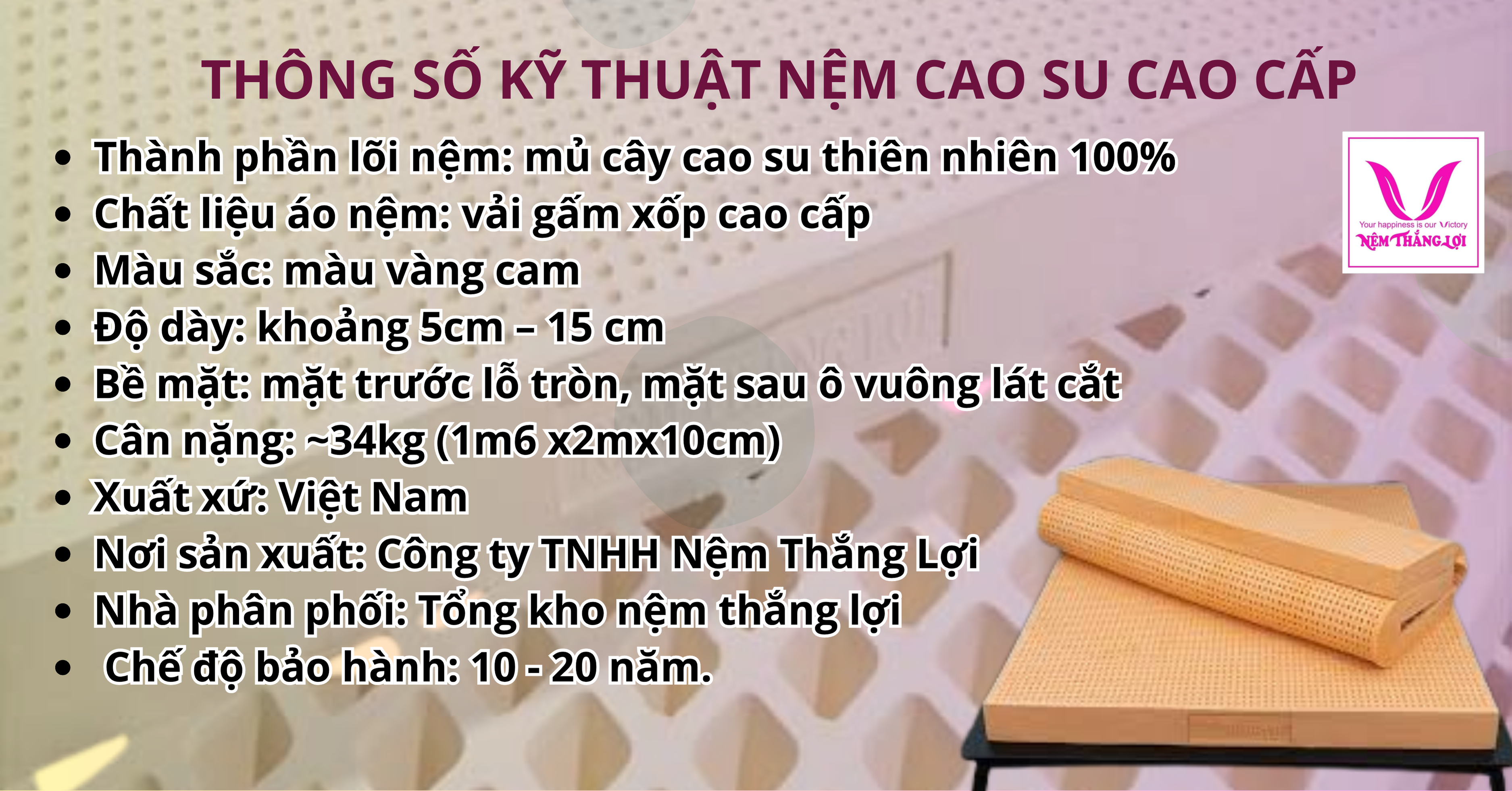 Thông số kỹ thuật nệm cao su cao cấp